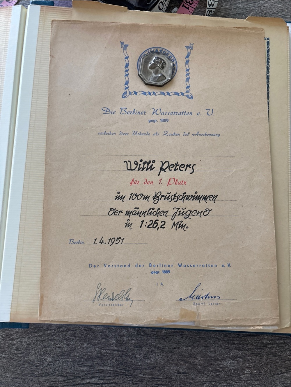 Vintage Certificate with Attached Metal Medal - Cream and Silver